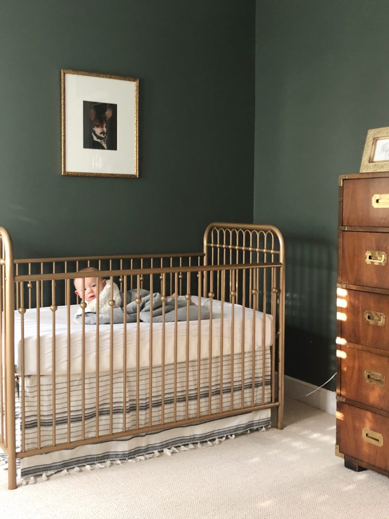 Baby boy Pewter Green nursery gold crib