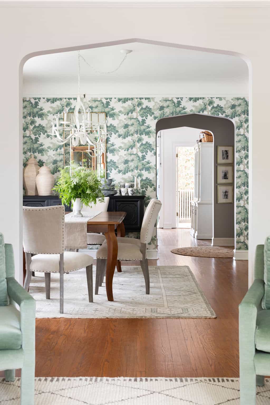 green and white dining room wallpaper