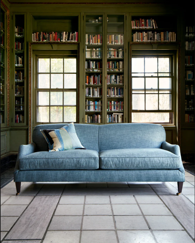 Green library with blue sofa