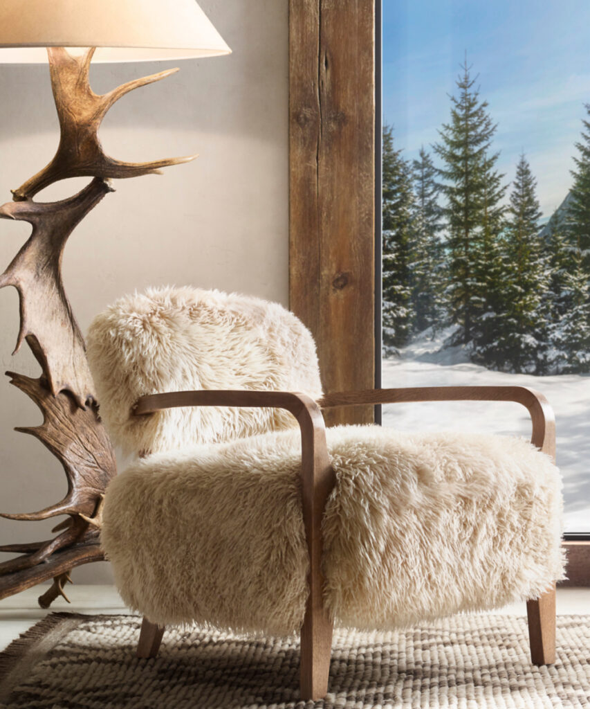 Shaggy fur armchair in a ski house