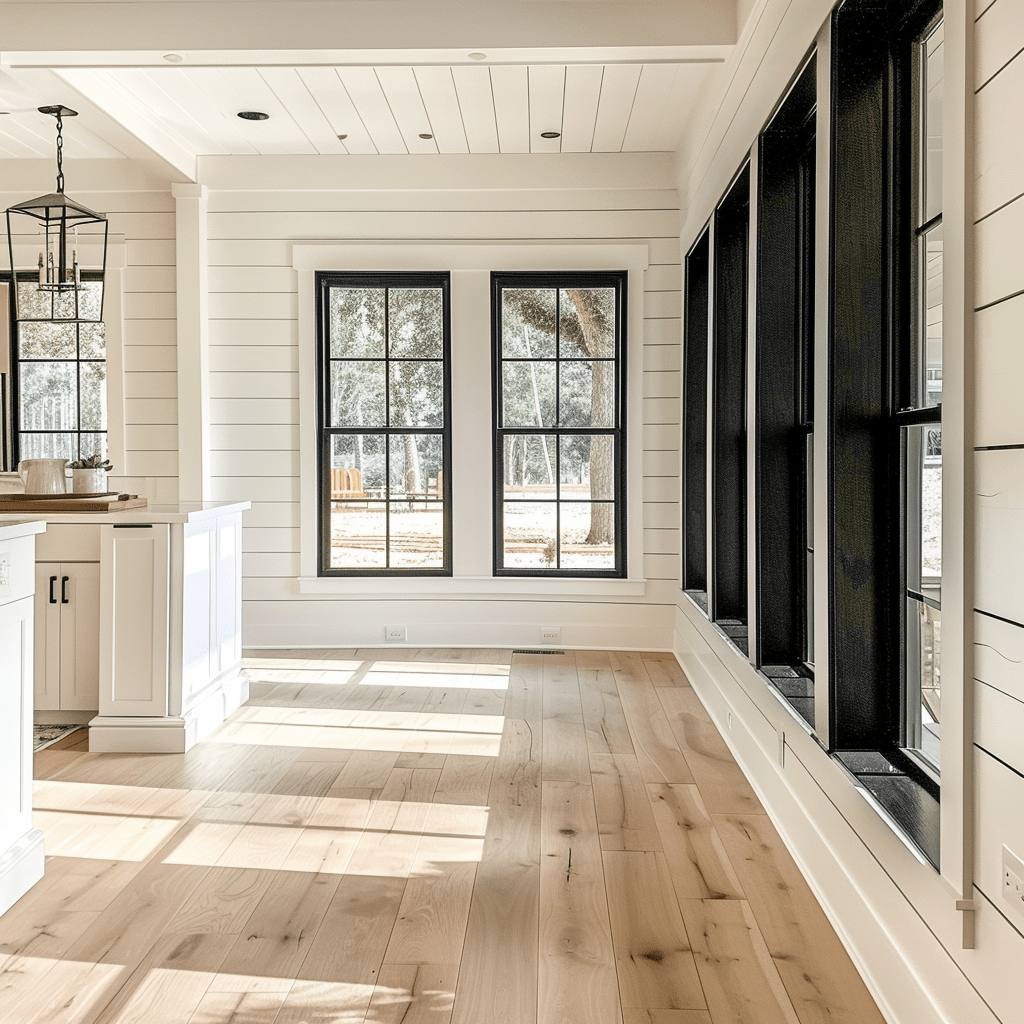 farmhouse style renovation with white walls and black windows