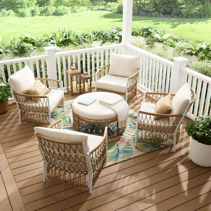 woven patio furniture on a deck